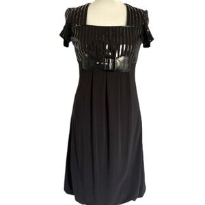 JOSEPH RIBKOFF Bubble Hem Empire Cut Square Neck Dress Black Patent Trim Sz 14